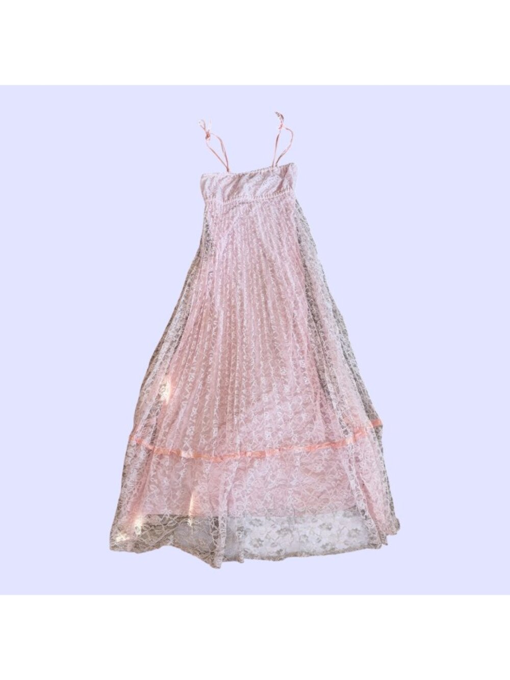 Vintage Pastel Pink Silk Lace Overlay Empire Waist Fairycore Maxi Dress M